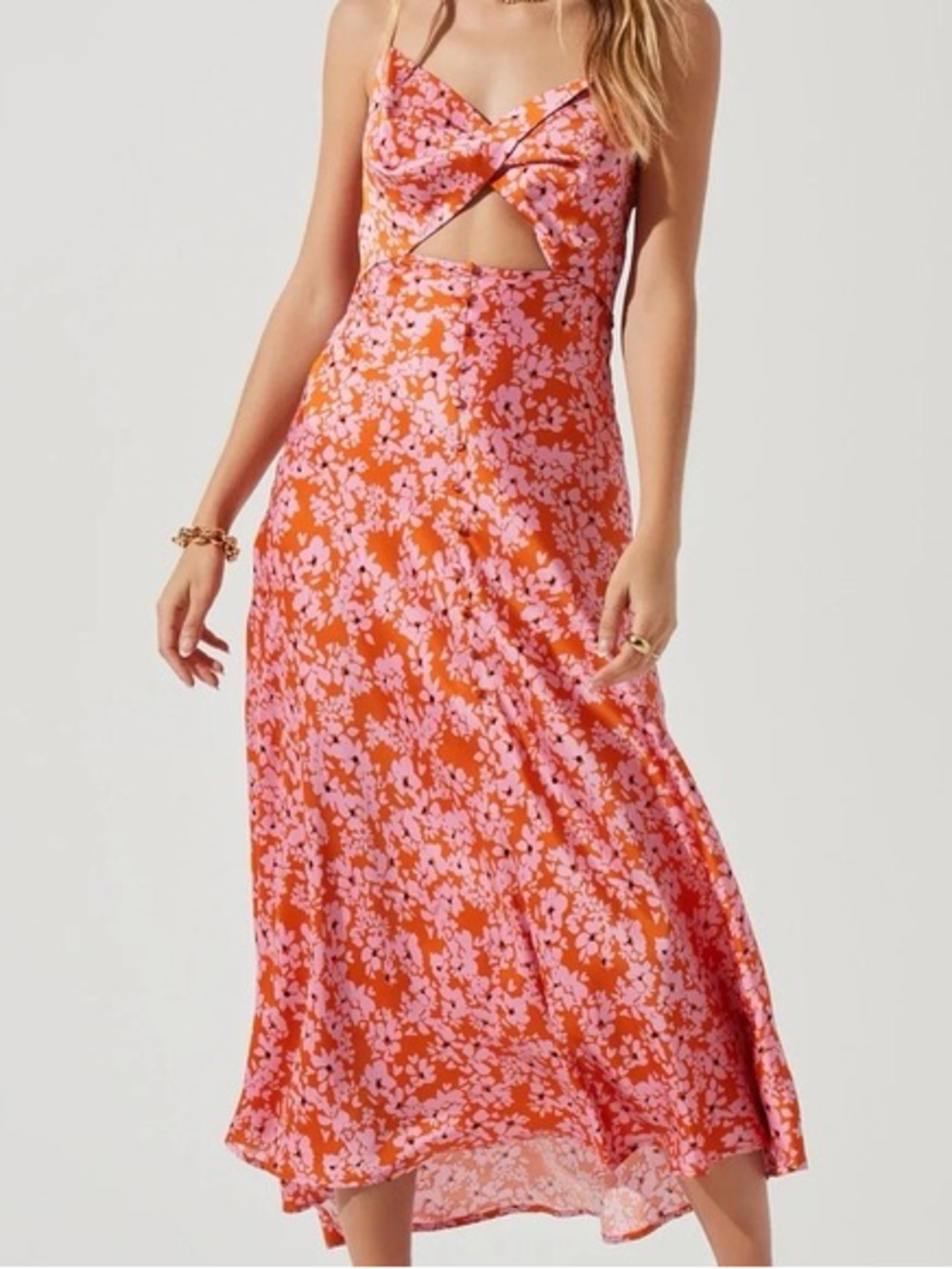 ASTR Floral Cutout Midi Dress in Coral Pink